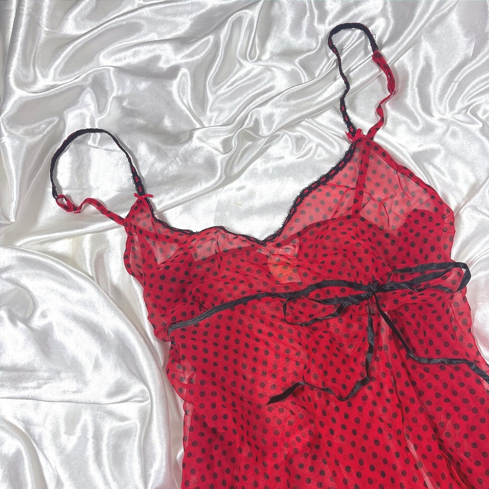 y2k Babydoll Chemise Red Excellent Polka Dot Sheer Lace Trim Open Front